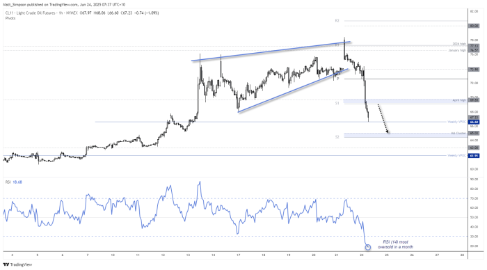 The 1-hour WTI crude oil chart shows RSI (14) at its most oversold level since May 25, hinting at possible short-term profit-taking after a sharp drop. Price found support at the weekly VPOC, reinforcing its importance. Resistance is seen near $69.13 (weekly S1 pivot) and the $70 psychological level, while key support rests near $65, where multiple moving averages and the weekly S2 pivot converge.