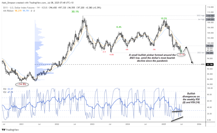 Weekly chart of the US Dollar Index (DXY) showing a 12.1% decline from the January high to the 2025 low — the most bearish stretch since the pandemic. A bullish pinbar has formed above the 2023 low, with bullish divergences appearing on the RSI (2) and RSI (14). Technical levels highlighted include the 10-week EMA at 98.28, resistance near 99.00, and a downside target at the high-volume node (HVN) around 91.74.