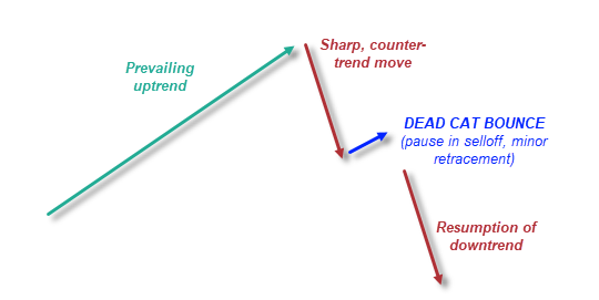 Illustration of a dead cat bounce showing a prevailing uptrend, a sharp counter-trend decline, a small temporary rebound, and the subsequent resumption of the broader downtrend.