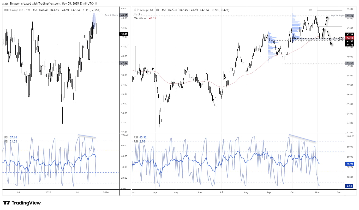 BHP share price technical analysis chart showing retracement from September resistance, support at October and September VPOC, and RSI oversold signals for potential short-term bounce.