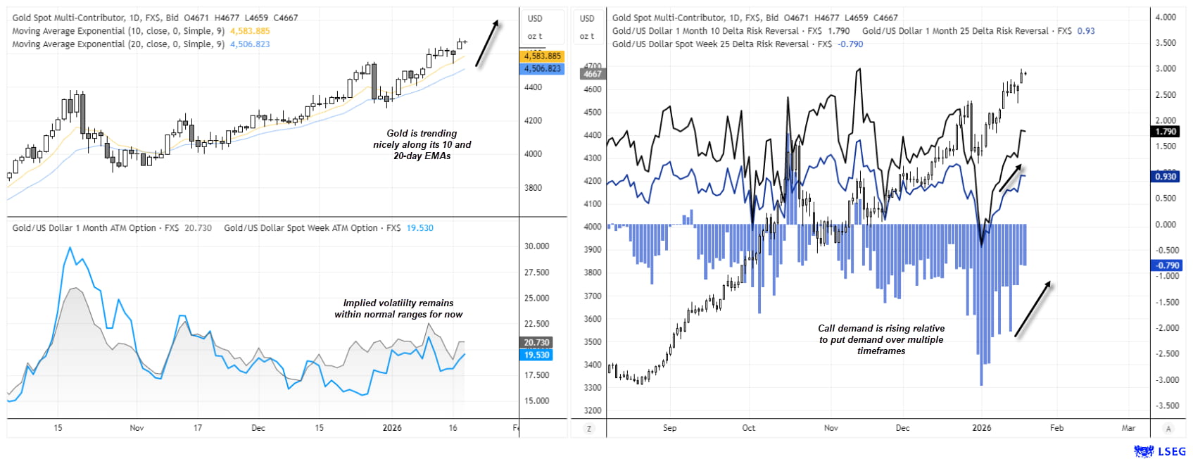Weekly COMEX gold futures chart with CFTC Commitment of Traders data, showing gold trading near record highs, net-long positioning peaking in September 2024, rising gross-long exposure among large speculators and managed funds, and relatively low gross short positions.