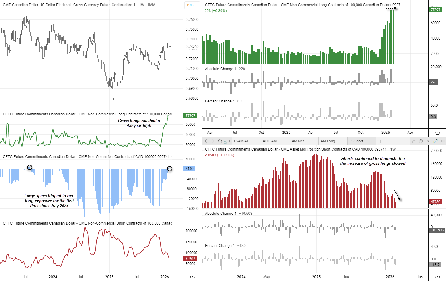 USD/CAD futures positioning from the COT report showing large speculator net exposure, gross longs at multi-year highs and falling short positions, signalling potential near-term consolidation in USD/CAD.