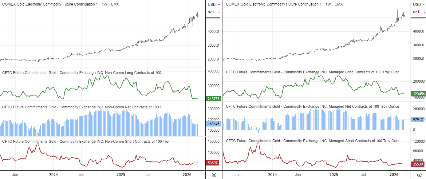 Gold futures COT positioning showing large speculators holding around 160k net-long contracts as gold prices approach the $5,000 level.
