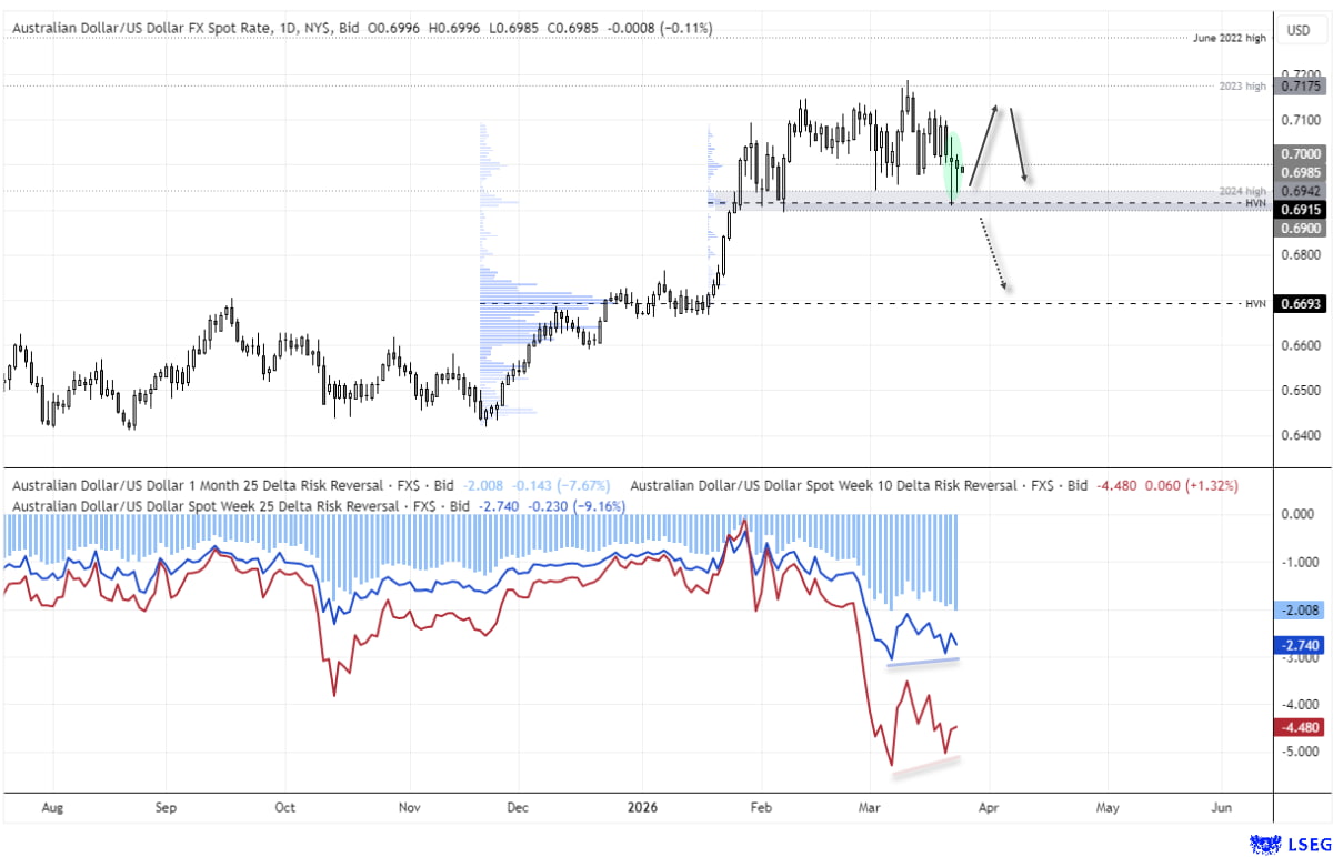 AUD/USD daily chart showing price ranging between 2023 and 2024 highs near 0.69 resistance, with HVN support and bullish divergence in options risk reversals for Australian dollar vs US dollar