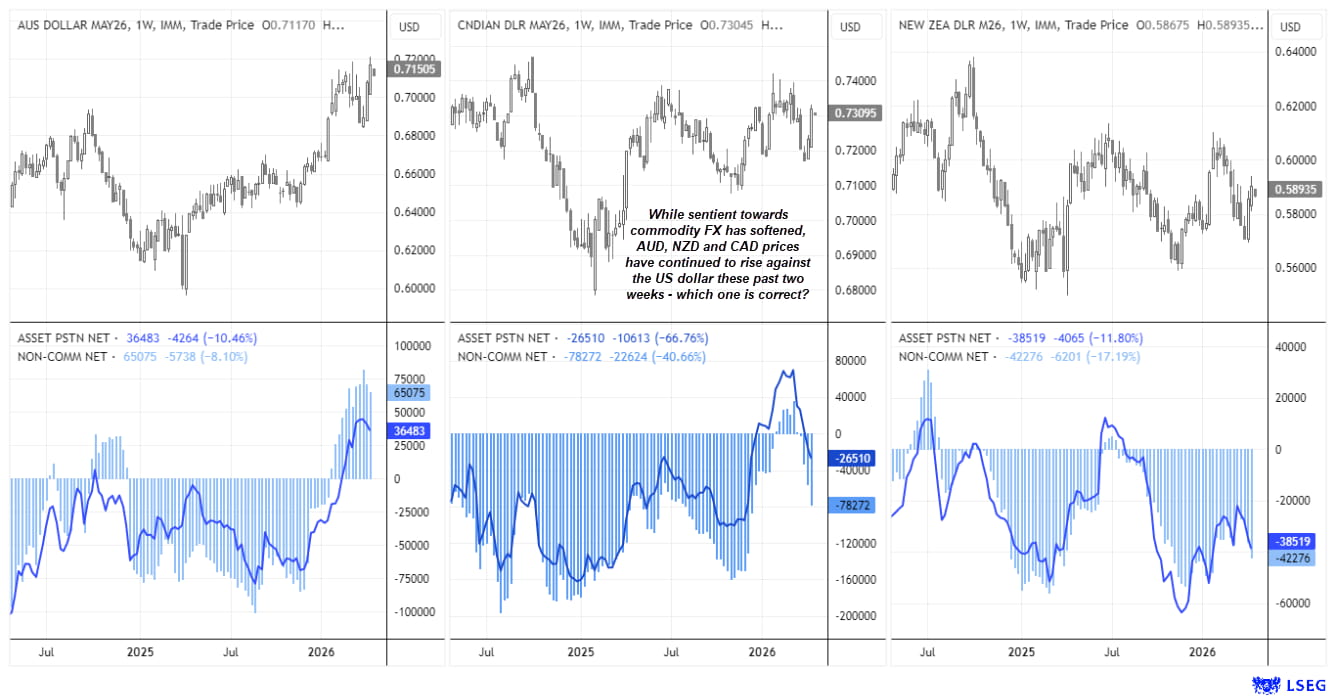 COT report showing AUD/USD, USD/CAD and NZD/USD futures positioning with rising CAD and NZD shorts and declining AUD longs despite recent rally
