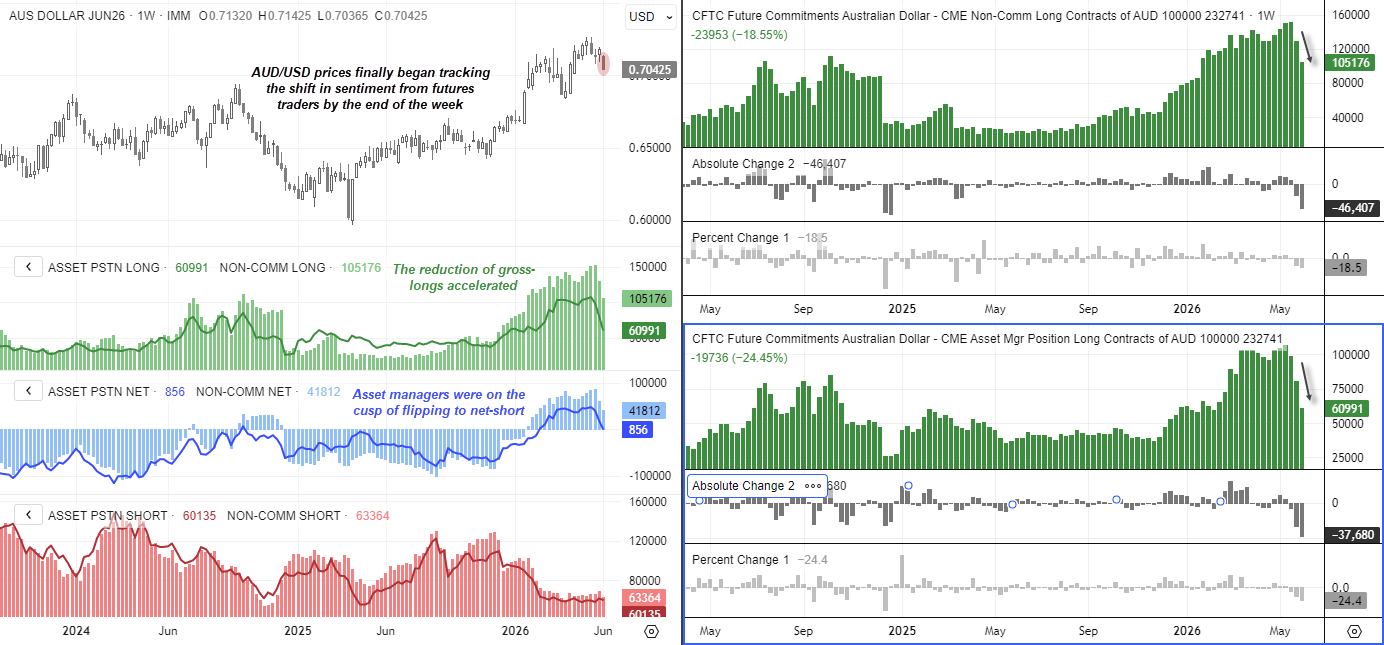 AUD/USD futures positioning shows traders slashing long Australian dollar exposure as sentiment weakens and RBA hike expectations fade.