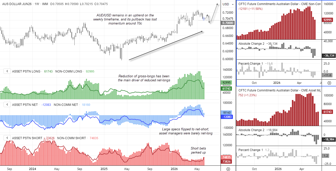 AUD/USD futures and COT positioning chart showing falling long exposure, rising shorts and net-short large speculator sentiment.