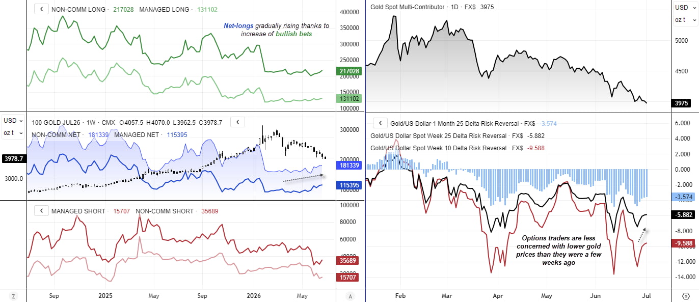 Gold (XAU/USD) futures positioning improves as net longs rise and risk reversals suggest options traders are less concerned about lower gold prices.
