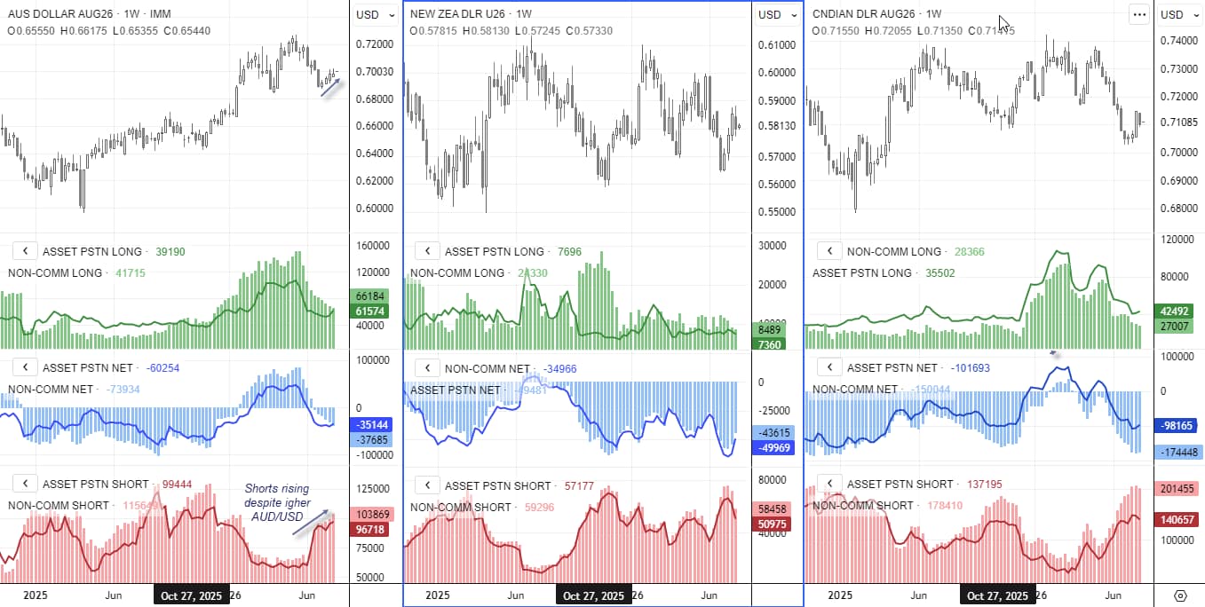 COT charts for AUD/USD, NZD/USD and USD/CAD showing futures positioning for large speculators and asset managers across commodity currencies.