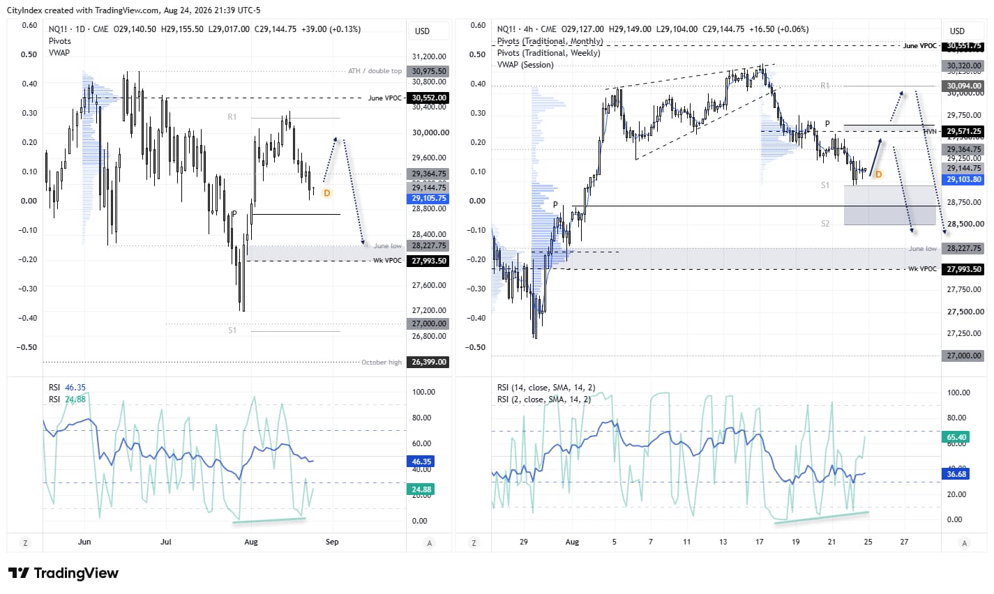 Nasdaq 100 futures technical analysis showing 30k resistance, 28k support, weekly pivots, VPOC levels and bullish RSI divergence.