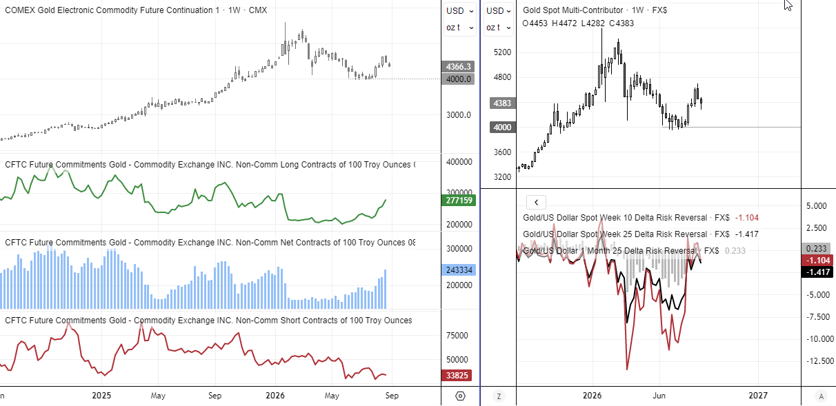 Gold futures positioning shows rising speculative longs and net exposure, while options risk reversals remain elevated despite the price pullback.