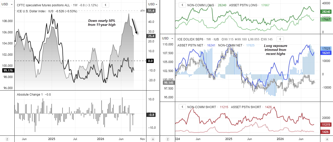 US dollar index COT chart showing aggregate USD net longs and positioning among large speculators and asset managers.