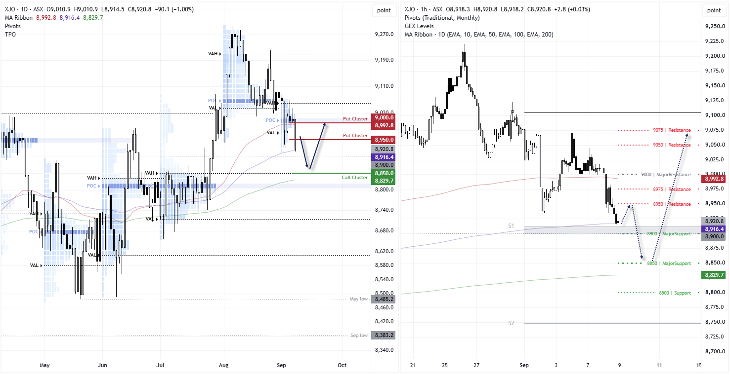 ASX 200 daily and hourly charts showing 8900 and 8850 support, with resistance at 8950, 8975, 9000, 9050 and 9075.