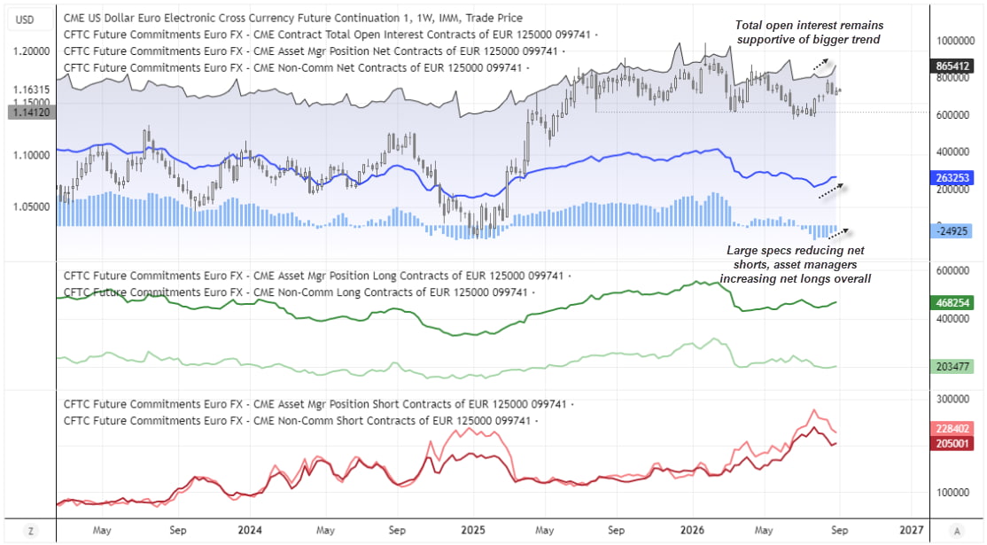 EUR/USD weekly chart with CFTC positioning showing rising open interest, reduced speculator shorts and asset-manager euro longs.