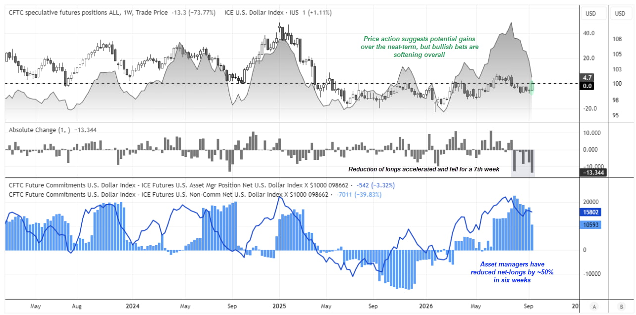 US Dollar Index COT chart shows DXY net-long exposure falling sharply as asset managers and large speculators cut bullish US dollar bets.
