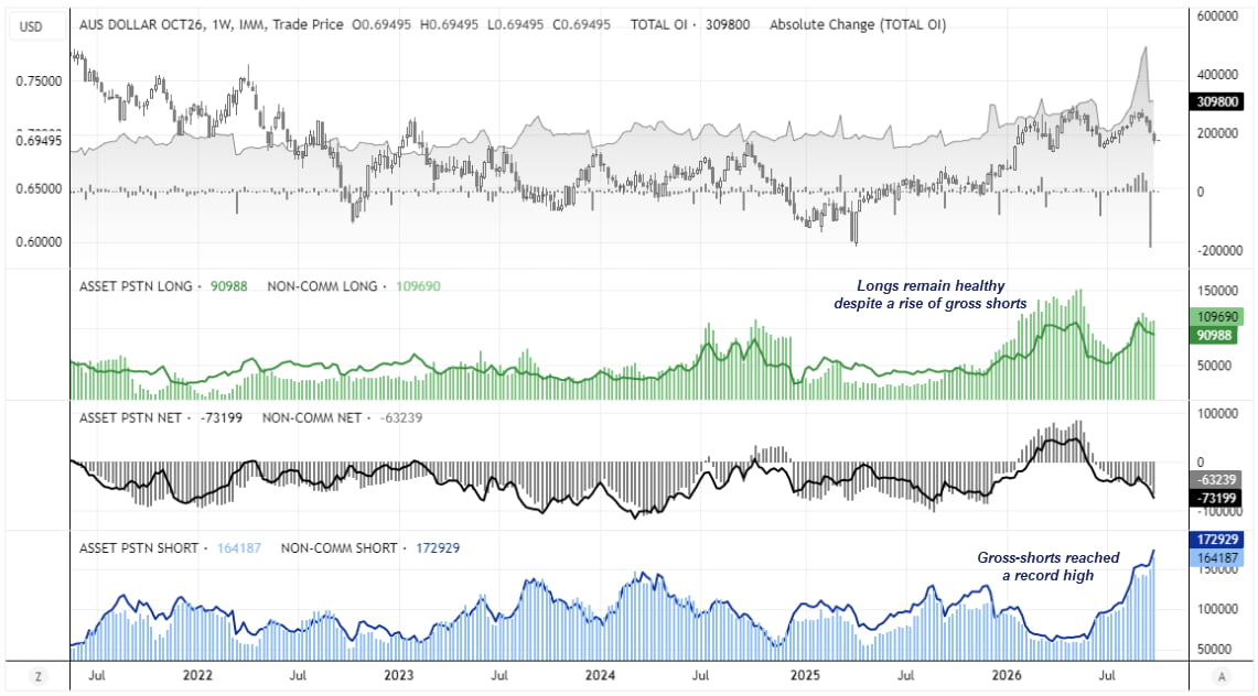AUD/USD futures positioning shows record short exposure among large speculators and asset managers as open interest stabilises near 309k.