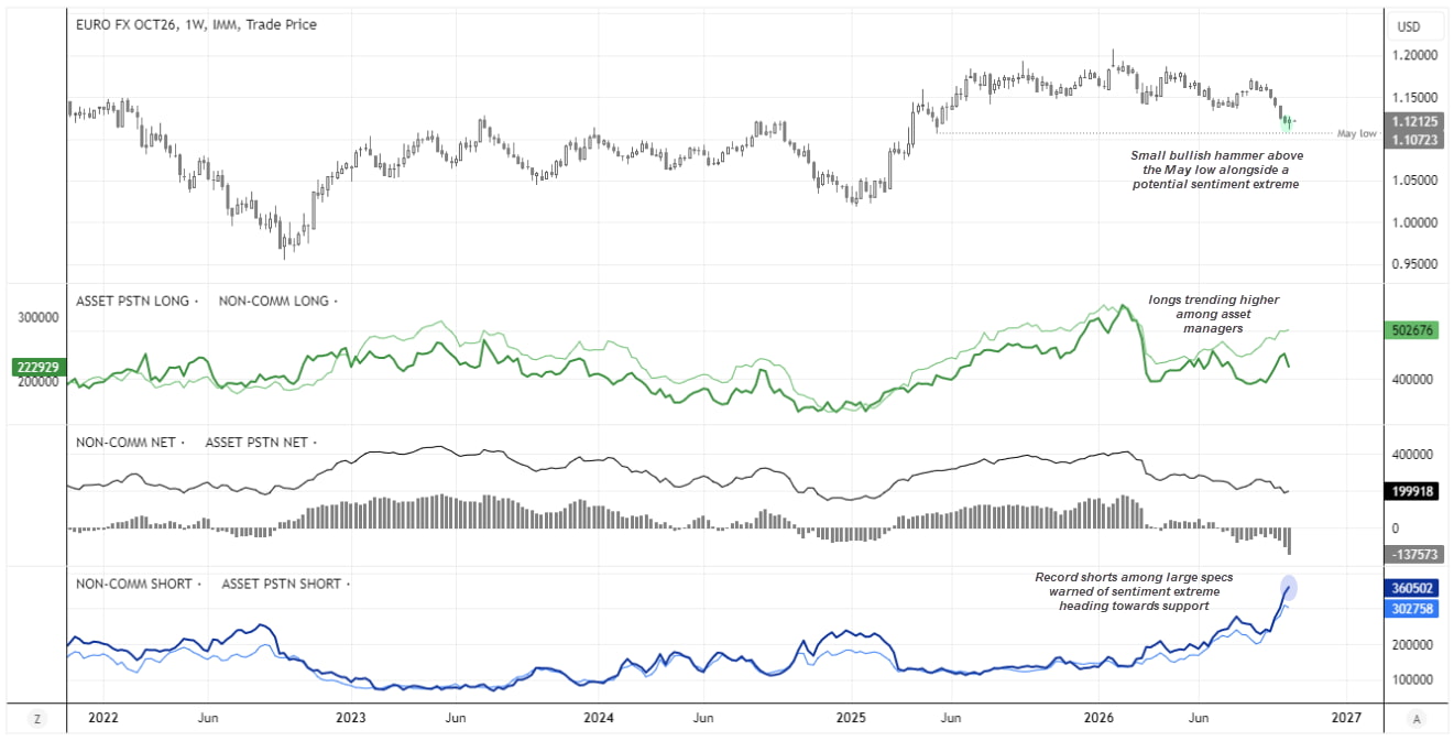 EUR/USD weekly chart shows a bullish hammer near May's low as COT data reveals record gross shorts among large speculators and rising asset manager longs.